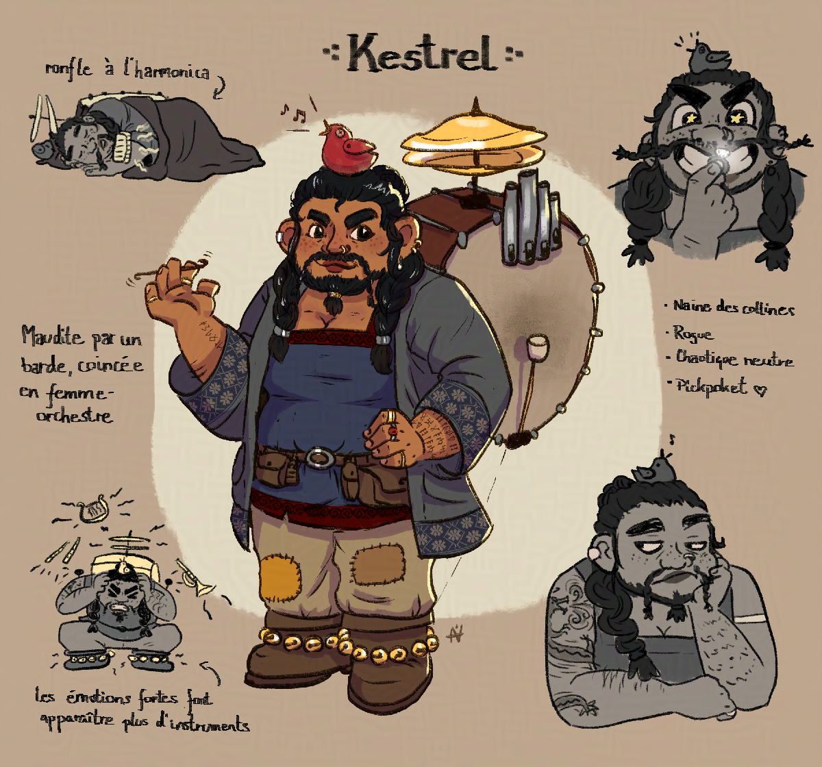Character sheet pour une naine femme orchestre